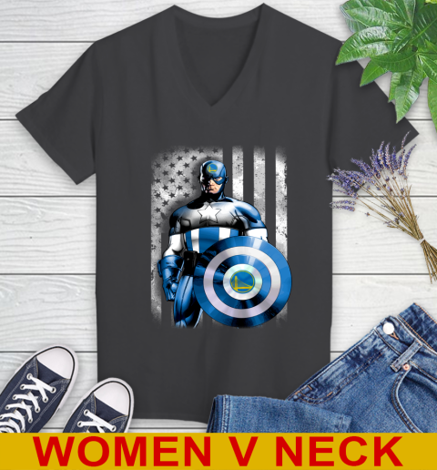 Golden State Warriors NBA Basketball Captain America Marvel Avengers American Flag Shirt Women's V-Neck T-Shirt 8