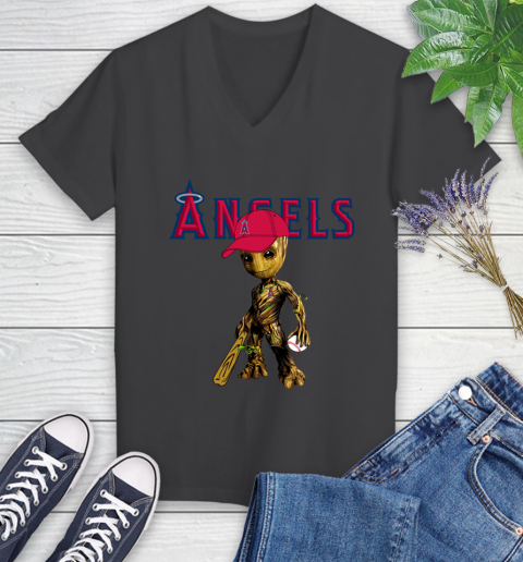MLB Los Angeles Angels Groot Guardians Of The Galaxy Baseball Women's V-Neck T-Shirt 8