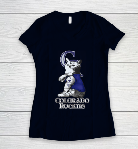 MLB Baseball My Cat Loves Colorado Rockies Women's V-Neck T-Shirt 2