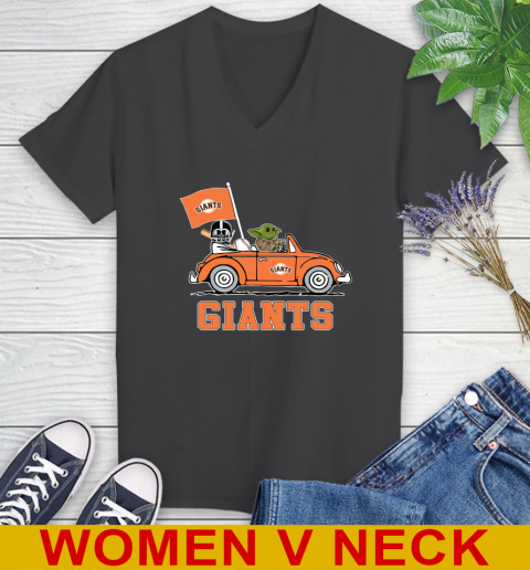 MLB Baseball San Francisco Giants Darth Vader Baby Yoda Driving Star Wars Shirt Women's V-Neck T-Shirt 9