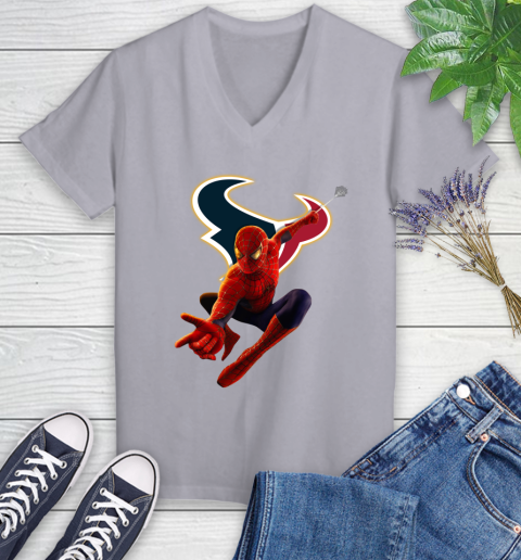 NFL Spider Man Avengers Endgame Football Houston Texans Women's V-Neck T-Shirt 4