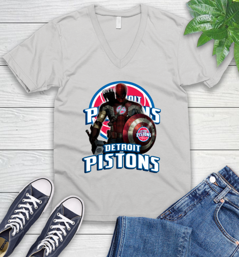 Detroit Pistons NBA Basketball Captain America Thor Spider Man Hawkeye Avengers V-Neck T-Shirt