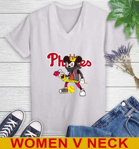 Philadelphia Phillies MLB Baseball Mickey Peace Sign Sports Women's V-Neck T-Shirt