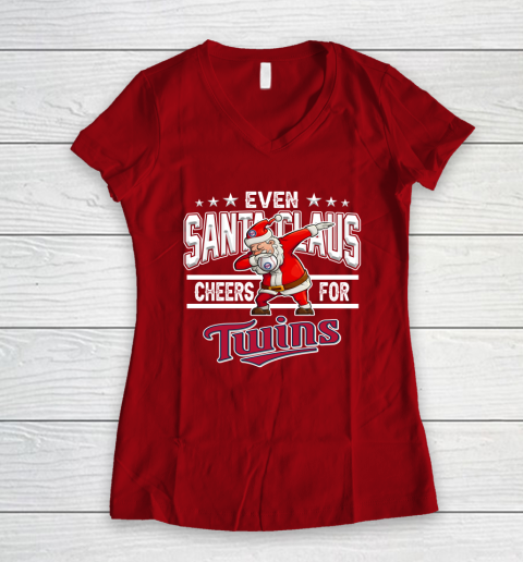 Minnesota Twins Even Santa Claus Cheers For Christmas MLB Women's V-Neck T-Shirt 8