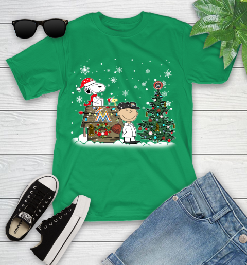 MLB Miami Marlins Snoopy Charlie Brown Christmas Baseball Commissioner's Trophy Youth T-Shirt 8