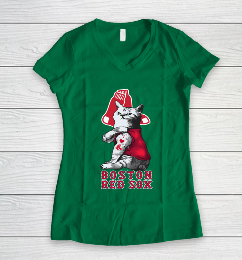 MLB Baseball My Cat Loves Boston Red Sox Women's V-Neck T-Shirt 3