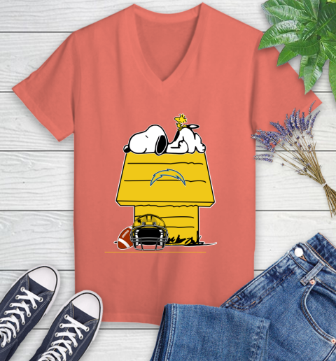 Los Angeles Chargers NFL Football Snoopy Woodstock The Peanuts Movie Women's V-Neck T-Shirt 6
