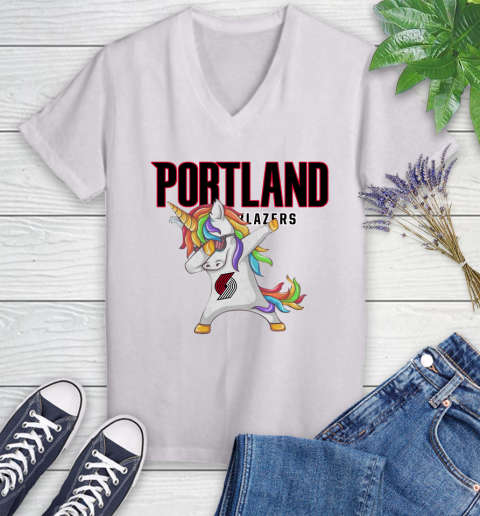 Portland Trail Blazers NBA Basketball Funny Unicorn Dabbing Sports Women's V-Neck T-Shirt