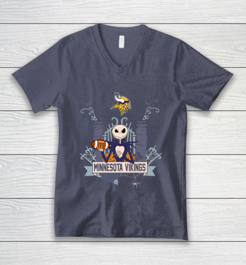 NFL Minnesota Vikings Football Jack Skellington Halloween V-Neck T-Shirt 7