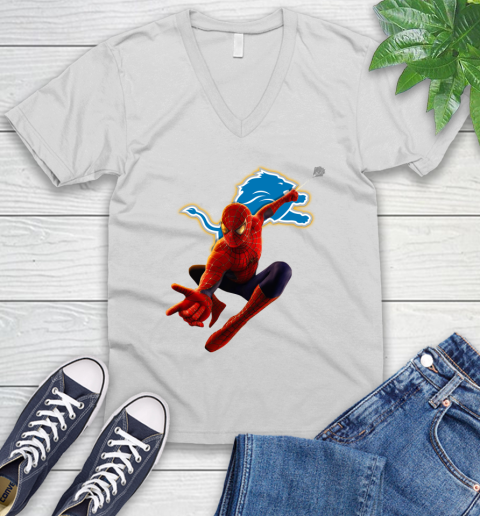 NFL Spider Man Avengers Endgame Football Detroit Lions V-Neck T-Shirt