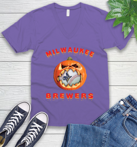 MLB Milwaukee Brewers Halloween Pumpkin Baseball Sports V-Neck T-Shirt 10