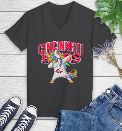 Cincinnati Reds MLB Baseball Funny Unicorn Dabbing Sports Women's V-Neck T-Shirt 8