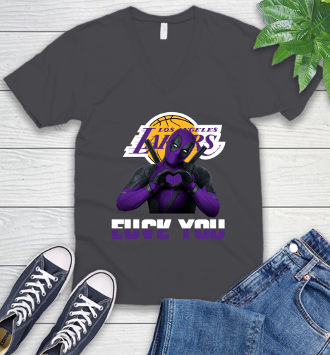 NBA Los Angeles Lakers Deadpool Love You Fuck You Basketball V-Neck T-Shirt 4