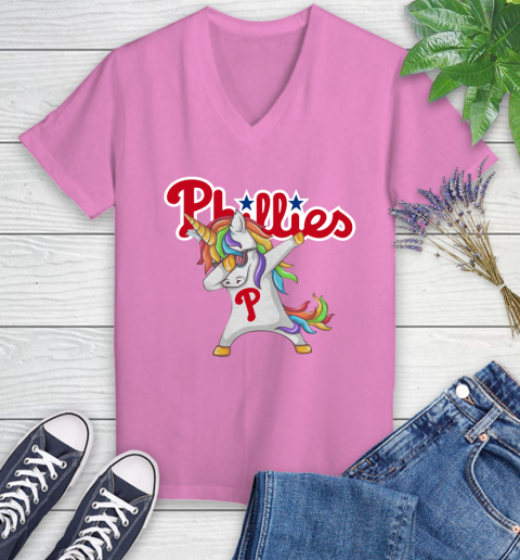 Philadelphia Phillies MLB Baseball Funny Unicorn Dabbing Sports Women's V-Neck T-Shirt 14