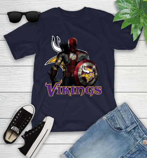 NFL Captain America Thor Spider Man Hawkeye Avengers Endgame Football Minnesota Vikings Youth T-Shirt 3