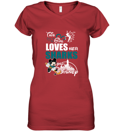 Girl Love Her SAN JOSE SHARKS And Mickey Disney trt5 girl love her san jose sharks and mickey disney women v neck t shirt 39 front red