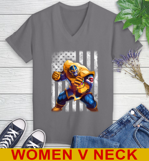 MLB Baseball Cincinnati Reds Thanos Marvel American Flag Shirt Women's V-Neck T-Shirt 11
