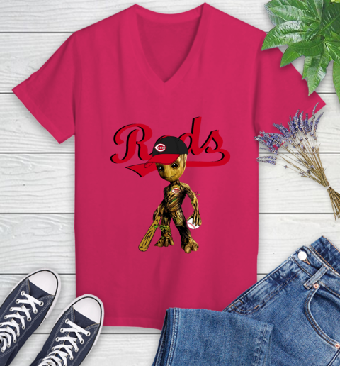 MLB Cincinnati Reds Groot Guardians Of The Galaxy Baseball Women's V-Neck T-Shirt 9