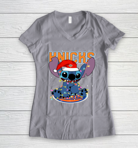New York Knicks NBA noel stitch Basketball Christmas Women's V-Neck T-Shirt 2