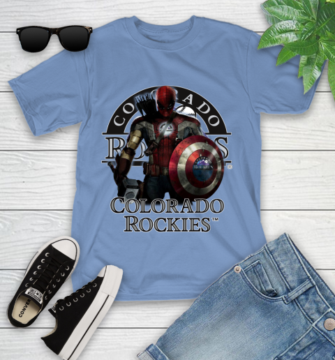 MLB Captain America Thor Spider Man Hawkeye Avengers Endgame Baseball Colorado Rockies Youth T-Shirt 11
