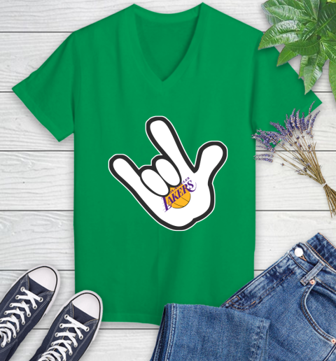 Los Angeles Lakers NBA Basketball Mickey Rock Hand Disney Women's V-Neck T-Shirt 5