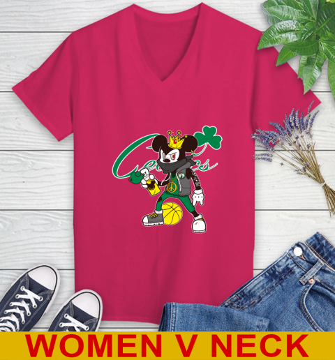 Boston Celtics NBA Basketball Mickey Peace Sign Sports Women's V-Neck T-Shirt 10