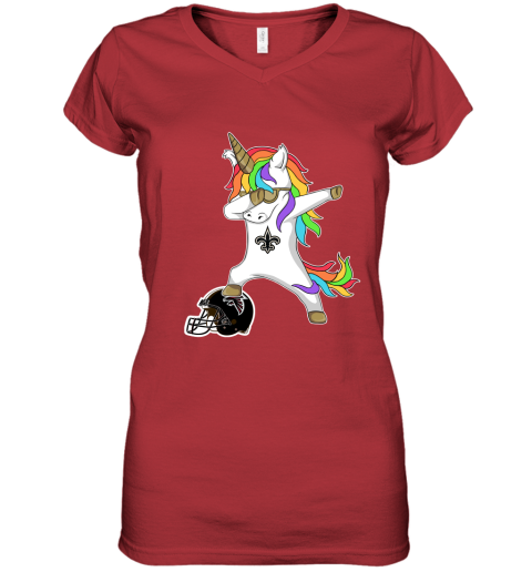 lgtt football dabbing unicorn steps on helmet new orleans saints women v neck t shirt 39 front red