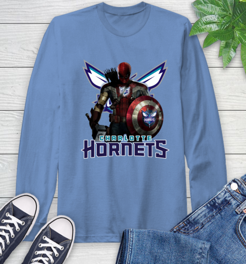 Charlotte Hornets NBA Basketball Captain America Thor Spider Man Hawkeye Avengers Long Sleeve T-Shirt 11