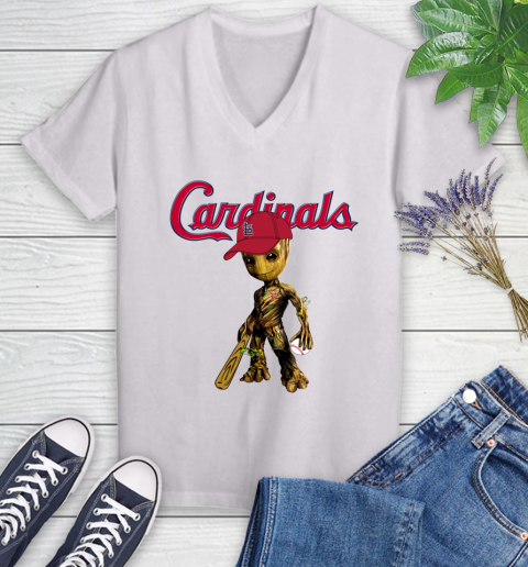 MLB St.Louis Cardinals Groot Guardians Of The Galaxy Baseball Women's V-Neck T-Shirt