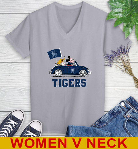 MLB Baseball Detroit Tigers Pluto Mickey Driving Disney Shirt Women's V-Neck T-Shirt 5