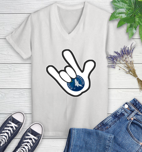 Minnesota Timberwolves NBA Basketball Mickey Rock Hand Disney Women's V-Neck T-Shirt