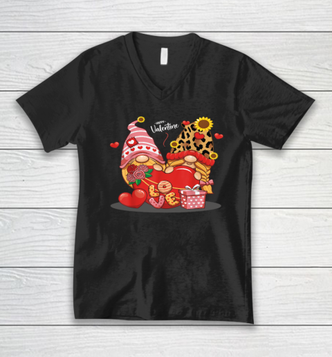 Happy Valentines Day Gnomes with Leopard Sunflower Valentine V-Neck T-Shirt
