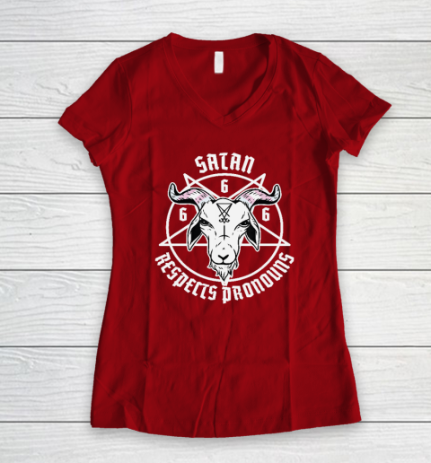 Satan Respects Pronouns Transgender Pentagram Trans Flag Women's V-Neck T-Shirt 6