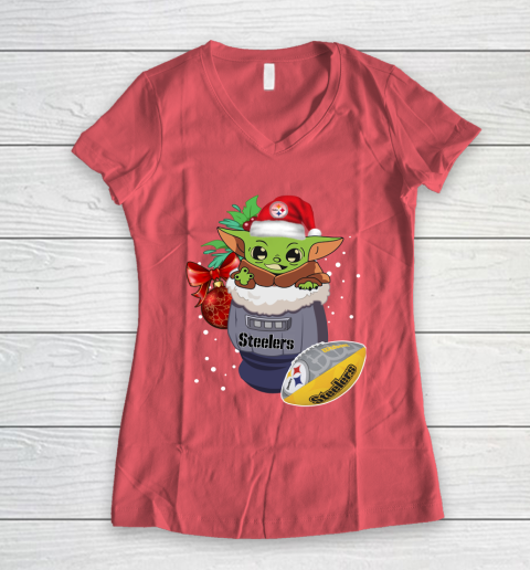 Pittsburgh Steelers Christmas Baby Yoda Star Wars Funny Happy NFL Women's V-Neck T-Shirt 6