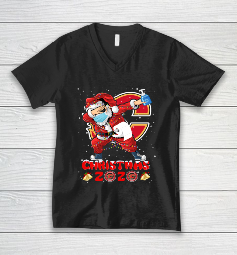 Calgary Flames Funny Santa Claus Dabbing Christmas 2020 NHL V-Neck T-Shirt