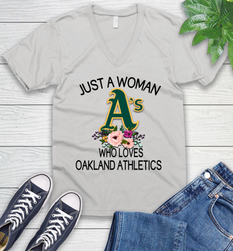 MLB Just A Woman Who Loves Oakland Athletics Baseball Sports V-Neck T-Shirt