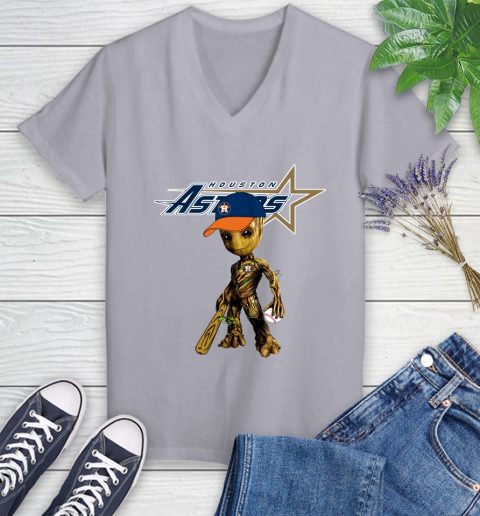 MLB Houston Astros Groot Guardians Of The Galaxy Baseball Women's V-Neck T-Shirt 4