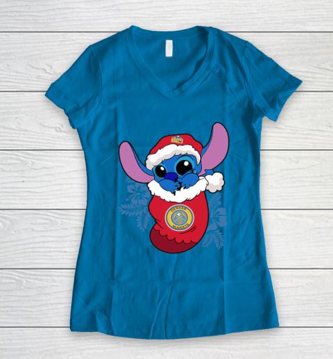 Denver Nuggets Christmas Stitch In The Sock Funny Disney NBA Women's V-Neck T-Shirt 7
