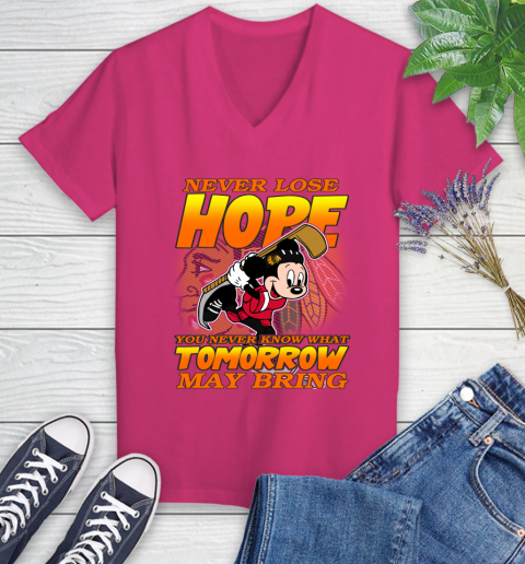 Chicago Blackhawks NHL Hockey ootball Mickey Disney Never Lose Hope Women's V-Neck T-Shirt 9