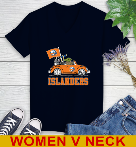 NHL Hockey New York Islanders Darth Vader Baby Yoda Driving Star Wars Shirt Women's V-Neck T-Shirt 3