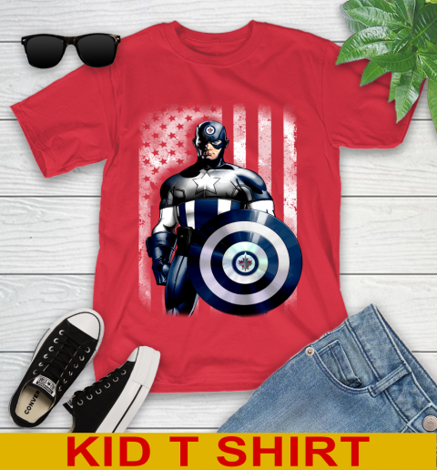 Winnipeg Jets NHL Hockey Captain America Marvel Avengers American Flag Shirt Youth T-Shirt 11