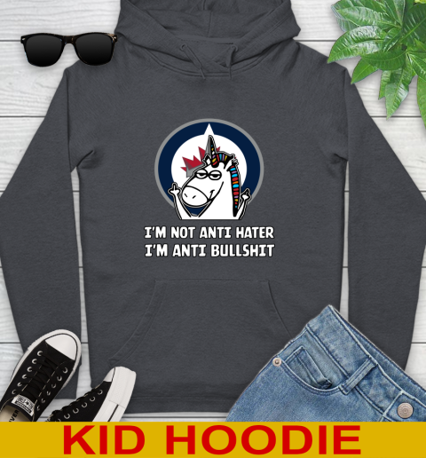 Winnipeg Jets NHL Hockey Unicorn I'm Not Anti Hater I'm Anti Bullshit Youth Hoodie 9