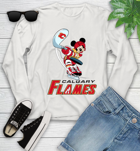 NHL Hockey Calgary Flames Cheerful Mickey Mouse Shirt Youth Long Sleeve 12