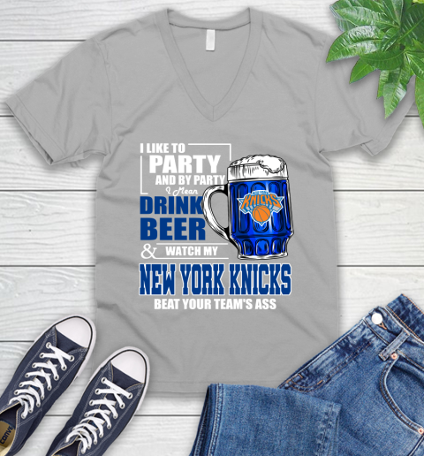 NBA Drink Beer and Watch My New York Knicks Beat Your Team's Ass Basketball V-Neck T-Shirt 3