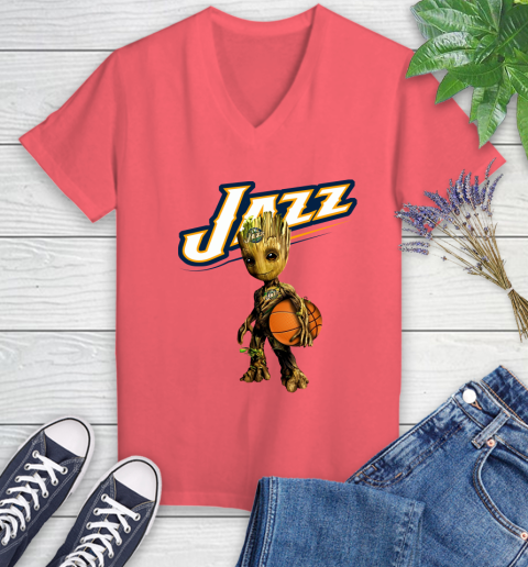 Utah Jazz NBA Basketball Groot Marvel Guardians Of The Galaxy Women's V-Neck T-Shirt 6