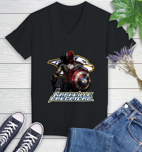 NHL Captain America Thor Spider Man Hawkeye Avengers Endgame Hockey Nashville Predators Women's V-Neck T-Shirt 2