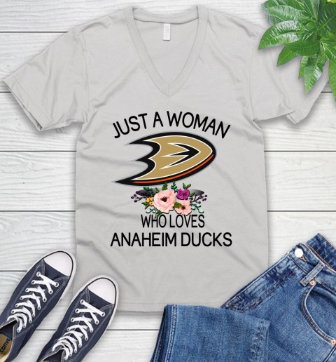 NHL Just A Woman Who Loves Anaheim Ducks Hockey Sports V-Neck T-Shirt