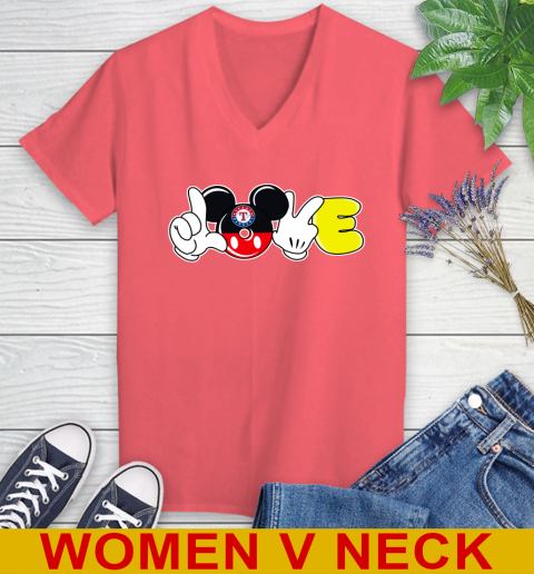 Texas Rangers MLB Baseball Love Mickey Disney Sports Women's V-Neck T-Shirt - Image 8