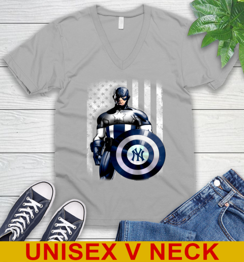 New York Yankees MLB Baseball Captain America Marvel Avengers American Flag Shirt V-Neck T-Shirt 3