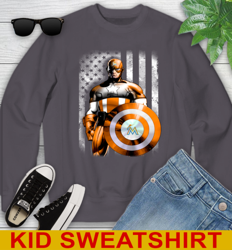 Miami Marlins MLB Baseball Captain America Marvel Avengers American Flag Shirt Youth Sweatshirt 5